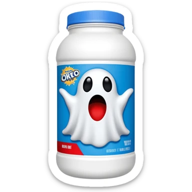 “Front-facing Ghost whey protein powder bottle, tall white plastic tub with wide shoulders and bold red lid. Blue and black Oreo-inspired label with the white GHOST logo and small ghost mascot. Clean studio lighting, soft shadow, realistic emoji-style product, centered on white background.” sticker