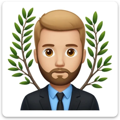 serious emoji-style man with close-cropped haircut and beard, dressed in black blazer and white shirt, blue background with white branch graphic sticker