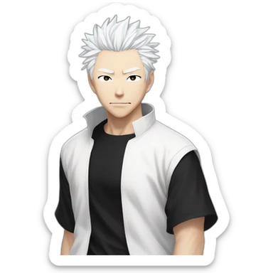 gojo satoru from jujutsu kaisen with white hair, black tshirt and a white baggy pant sticker