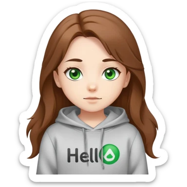 Chibi girl with green eyes, long brown unruly hair, S-With shaped eyebrows. Dressed in a sweatshirt. Says hello.  sticker