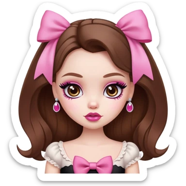 pretty bratz baddie, pale skin, brown hair, pink bow, cute sticker