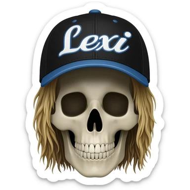 Create a skeleton head wearing a black baseball cap that says " Lexi " in blue, and white lettering, with long dirty blonde hair sticker
