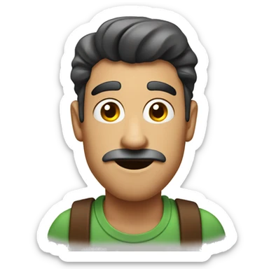 goofy looking guy with thick eyebrows holding coffee sticker