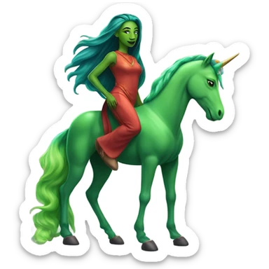 four-legged red unicorn a green amazon alien woman, on a unicorn sticker