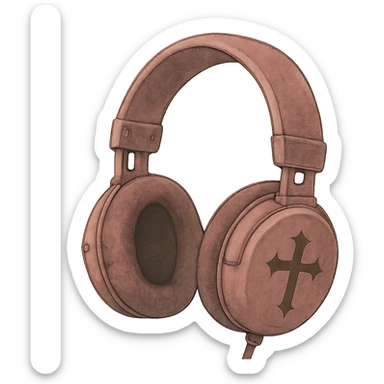 pink gothic headphones with soft shading, cross motifs, velvet texture, ghibli style sticker