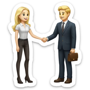 A 40-year-old fair-skinned businessman shakes hands with an 18-year-old fair-skinned blonde girl, full-length emoji sticker