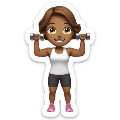 Gym girl lifting weights, pink skin, long and brown hair, eyes closed, smiling sticker