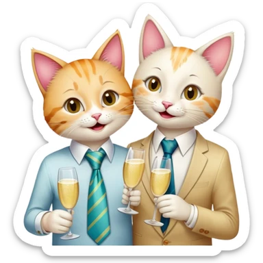 happy girl cat with eyelashes wearing a colorful necktie and happy boy cat wearing a professional necktie clinking champagne glasses together in celebration, both with cheerful expressions sticker