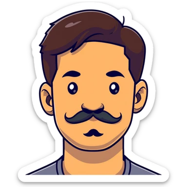 close-up of man face only with mustache, medium eyes, medium light skin tone, dark hair, no neck visible, just the face sticker