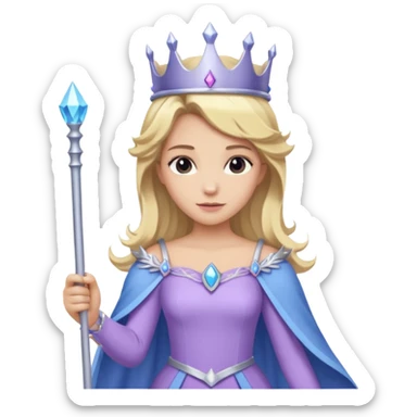 Someone wearing a light purple with blue dress with big shoulder sleeves with blonde hair and a silver crown with a long wand sticker
