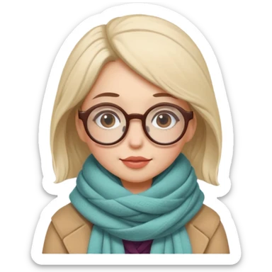 A shy woman with big round glasses and thick scarf, blushing from the cold. sticker