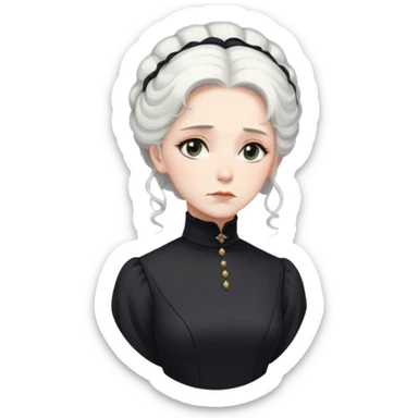 A Victorian woman with elegant coiffed white hair and light eyes wearing a modest unaccessorized black turtleneck mourning dress looking down with a forlorn expression sticker