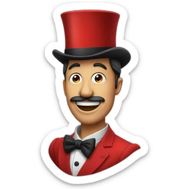 An entertainer in a red suit who has an open jaw instead of a head, and he also has a black top hat sticker