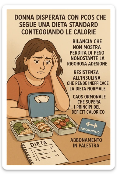 "Desperate woman with PCOS following standard calorie-counting diet, scale showing no weight loss despite strict adherence, expression of confusion and defeat, meal prep containers with healthy foods, insulin resistance making normal dieting ineffective, hormonal chaos overriding caloric deficit principles, gym membership unused due to lack of results scritte in italiano sticker
