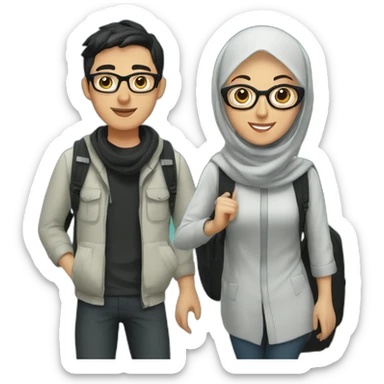 young white man with black hair and glasses and woman with hijab, both with backpack for holiday trip, full body sticker