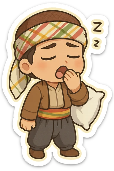 Kurdish sticker, sleepy mood, cartoon style, Kurdish person in traditional dress, yawning or eyes half-closed, maybe with a pillow or blanket, no text, suitable for messaging apps sticker