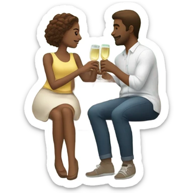 couple of white people, brown hair, sitting closely on a park bench, enjoying a romantic moment. One person is holding a croissant, and the other is holding a glass of Prosecco.  sticker