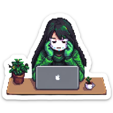 girl hiding her face while working behind a MacBook, pixel art style sticker