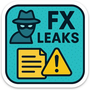 logo with solid turquoise textured background, left masked figure outline, center bold 'FX LEAKS' text with 'FX' emphasized, right document icon with warning sign, theme secrecy and finance sticker