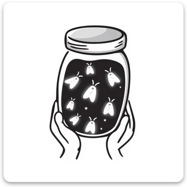 hand drawn doodle of a jar with fireflies, playful and simple sticker