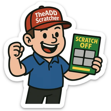 flat toon style mascot for TheADDScratcher, holding a scratcher ticket, fun and bold sticker