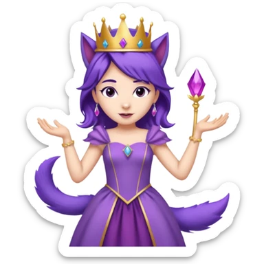 A princess wearing a purple dress and crown with purple hair and purple wolf ears and purple wolf tail character. doing different actions against a white background And make a gap between each illusion sticker