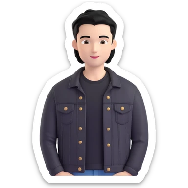 3D emoji style Microsoft, young man with black hair, wearing black t-shirt and black denim jacket, based on photo reference, slight smile sticker