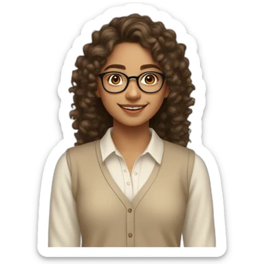 smiling indian teenage girl with curly hair and glasses wearing a collared long sleeve white shirt under a beige v shaped collar sweatervest with no buttons sticker