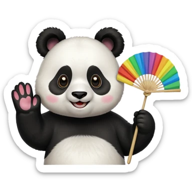 A panda waving a painted fan joyfully, cheeks puffed in excitement.
 sticker