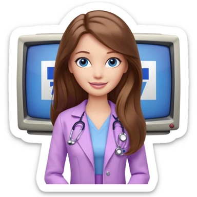 beautiful barbie girl with long brown hair, blue eyes and wearing light purple clothes watching tv show doctor who sticker