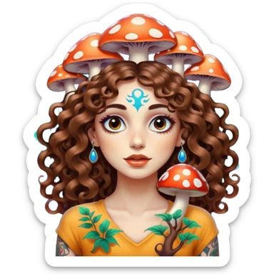 woman with long curly brown hair, brown eyes, white skin, tattoos, psychedelic mushrooms growing from her shadow sticker