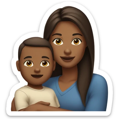 white woman, with straight long mid hair, dark brown hair, blue eyes, round face, uni-lips. holding her baby boy, one year old, brown skin, bit of hair straight brown smiling sticker