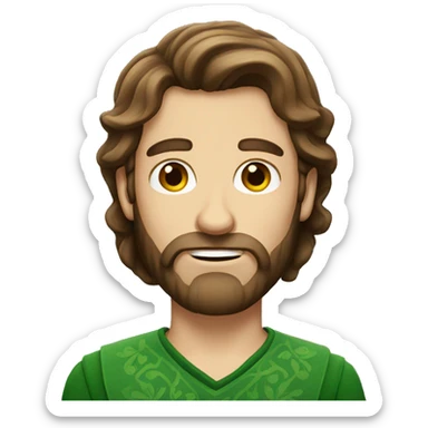 Irish man with long brown hair and a beard sticker