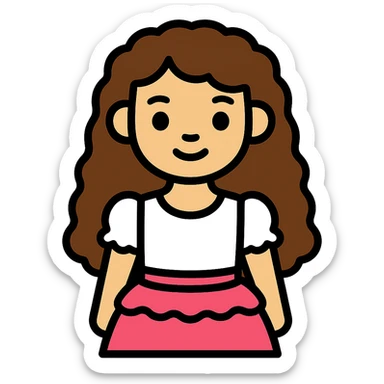 Make the girl with longer curly brown hair, keeping her light skin, brown eyes, white blouse with ruffles, and pink skirt with ruffles, no background. sticker