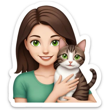 brunette white girl green eyes holding a dark brown white tabby cat smiling sticker