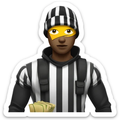 Robber with Yellow skin and black and white prison stripe shirt with money bag on shoulder and a black beanie on the head with a black eye mask on sticker
