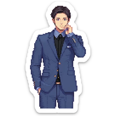 Flat pixel art, focused and confident male strategist, fair skin, short sleek dark hair, intense sharp eyes, wearing a deep indigo suit jacket over a black shirt, holding a blueprint in one hand, other hand thoughtfully touching chin, waist-up, front-facing sticker