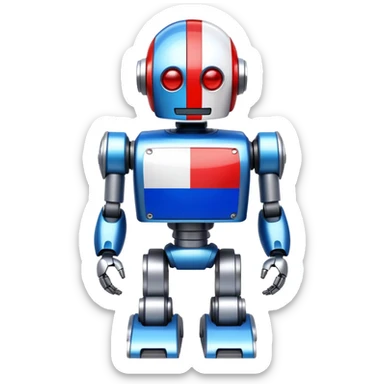 Robot with blue, white, and red Russian flag colors on its metallic body sticker