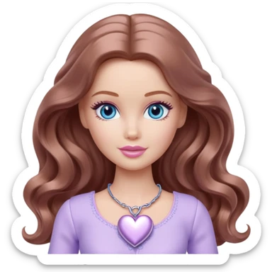 Barbie girl Chestnut long wavy hair and blue eyes is In pale purple clothes a silver heart  sticker
