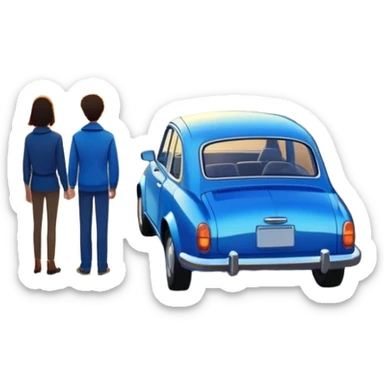 A parked blue car sits quietly on the side of an open road, facing a breathtaking sunset. Two people stand outside, backs turned, watching the horizon. The road stretches endlessly ahead, surrounded by a peaceful, glowing landscape full of light, warmth, and possibilit sticker