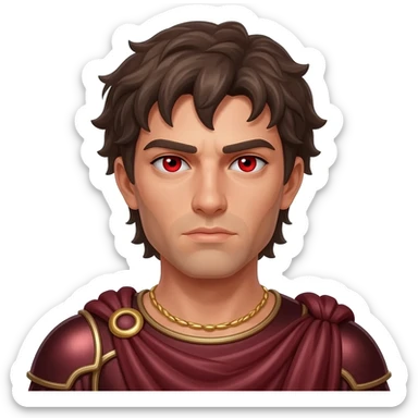 Ares from Greek Mythology with red eyes, dark brown hair, dark red metallic toga, gold necklace sticker