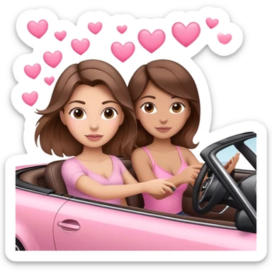 A mom brown Hair with balayage and one daughter brown hair,  driving in pink convertible with hearts  sticker