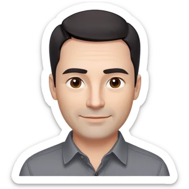 Professional-looking man in his 40s with wide square face, defined jawline, full cheeks, warm smile, medium brown eyes, prominent natural eyebrows, straight wide nose, slightly upturned lips, short fade haircut with dark almost black hair, wearing a gray button-up shirt sticker