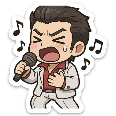 chibi Kiryu in karaoke pose, eyes shut tight, mouth wide, single tear, blushing, one hand on chest, other with microphone, music notes, simplified white suit and red shirt, slicked-back hair, adorable and expressive, chibi style sticker