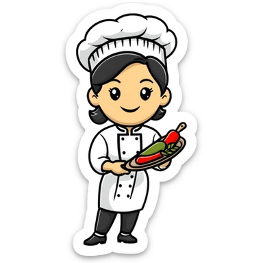Italian woman chef in her 40's smiling wearing a chef uniform sticker