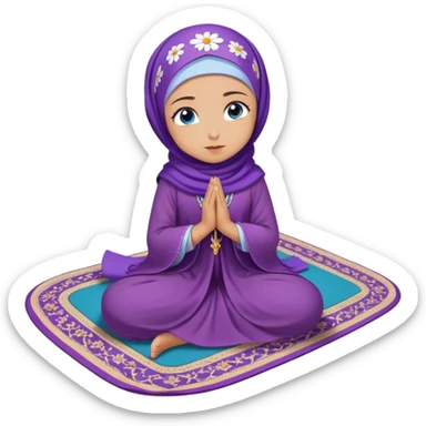 Turkish beautiful finish Konya girl blue eyes with purple flower hijab long tail dress and sits on the pray mat namaz on the ground with dua  sticker