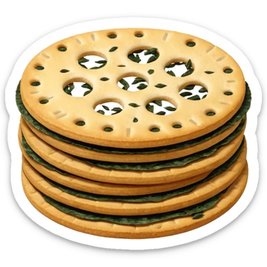 Round crispy Asian crackers with seaweed around sticker