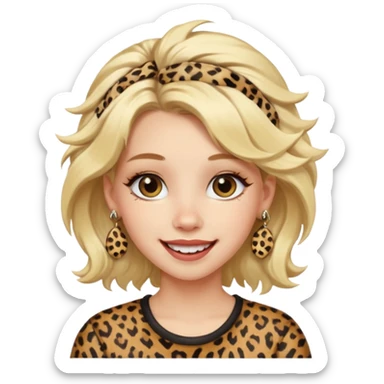 Une fille blonde et joyeuse. Elle porte une coiffure rock et originale avec des pinces pour cheveux  léopard et motif peau de vache. sticker