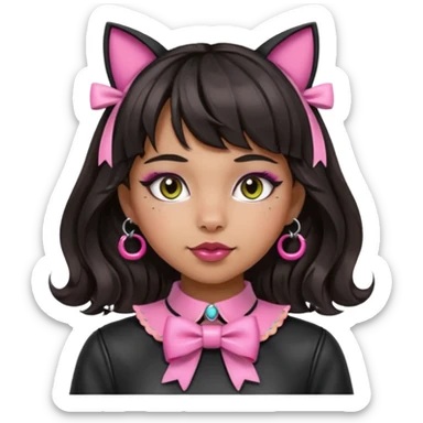 Change her clothes to reflect she is in the BDSM scene, such as wearing a black harness or leather top. Keep the pink bow on the collar, silver O-ring, bangs, bold makeup, medium Hispanic skin, long dark wavy hair, and cat ears. Maintain the apple emoji style with a transparent background. sticker