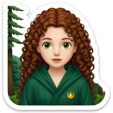 A white woman, a little thicker, with long dark auburn hair robed and hooded like she's a Traitor in the tv show The Traitors. her hair is mostly curly (kinda frizzy, not clean curls) and the robe is a dark dark forest green color sticker